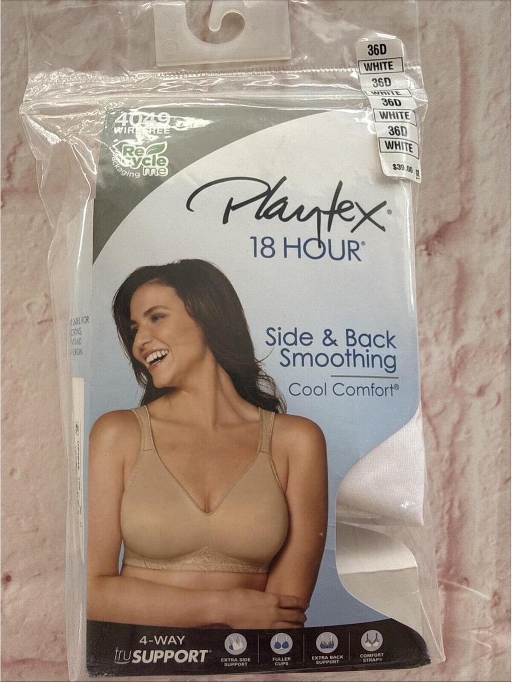 NWT Playtex Women's 18 Hour Side & Back Smoothing Wireless Bra WHITE  36D 4049